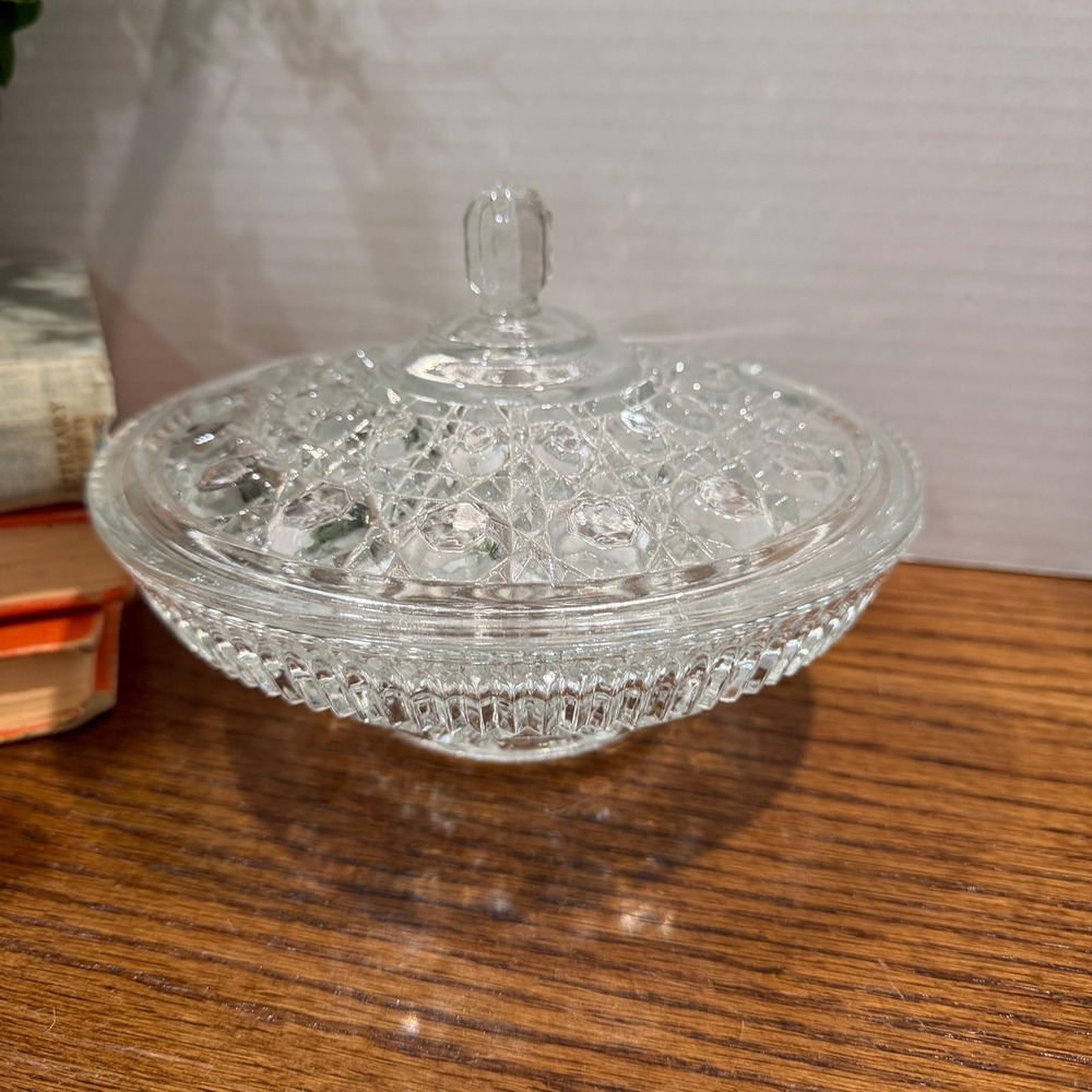 Vintage Windsor‎ Cane & Button Covered Dish Clear Pressed Glass Lidded Jar